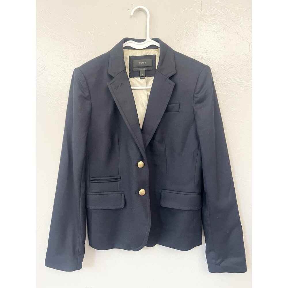 J Crew Blazer Womens Size 6 Navy Blue Wool Schoolboy Gold Buttons Lined Jacket